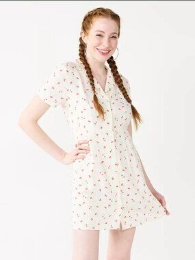 SO Goods For Life Cream & Cherry Print Shirt Dress Size L Juniors